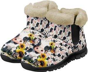 Зимние ботинки Jeiento Cow для женщин, уличные зимние ботинки без шнурков с подсолнуховым принтом, противоскользящие прогулочные ботинки, Cartoon Cow Sunflower