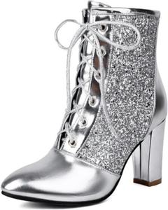 Женские блестящие лаковые ботильоны ZQW с заостренным носком, высокой массивной подошвой и шнуровкой, металлический оттенок, осенне-зимние туфли для вечеринок и выпускного, Silver