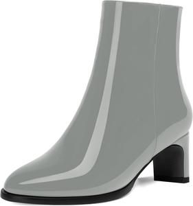Женские ботильоны на молнии с круглым носком, для свиданий, из лакированной кожи, повседневные, массивный низкий каблук, высота голенища до щиколотки, 2 дюйма DEMOSHINE, Grey