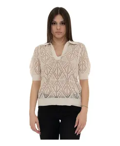 Вязаный крючком свитер из смесовой хлопковой ткани. Liu Jo, бежевый