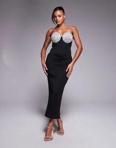 Платье миди ASOS DESIGN с серебристым декорированным бюстгальтером, черное, из ткани в стиле «скуба»