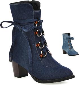 Женские джинсовые полусапожки до середины голени на шнуровке, с ретро массивным каблуком, боковой молнией, для офиса, на среднем каблуке, противоскользящие, зимние платья, челси короткие ботинки, классические зимние ботинки для снега Helenbra, Dark Blue