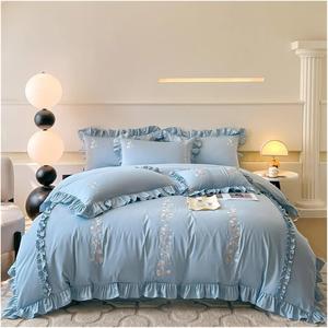 YUSIWOAL Комплект постельного белья из хлопка с французскими воланами, цветочной вышивкой и кружевными краями Blue