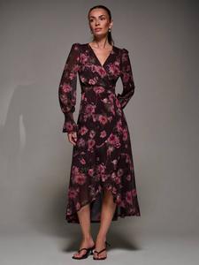 Платье с рюшами и длинными рукавами из сетки Jolie Moi, Burgundy Floral