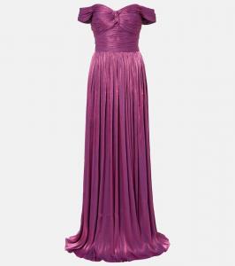 Рюшированное платье с открытыми плечами Costarellos, Mauve 1649