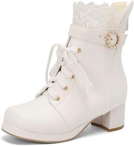 Ботильоны Shinelly Lolita на платформе с круглыми носками, средним массивным каблуком и милыми декоративными пряжками с жемчугом, White