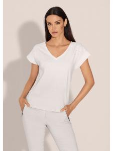 MADELEINE Летняя трикотажная футболка с V-образным вырезом жемчужно-белого цвета