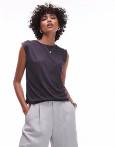 Футболка Mango soft touch со сборками на плечах в угольно-сером цвете