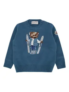 Вышитый свитер с круглым вырезом Moncler Enfant, синий