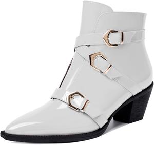 Женские модные ботильоны SKYSTERRY с острым носком на молнии, лаковые, для вечеринки, с массивным низким каблуком 2,5 дюйма, White