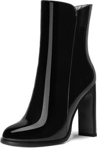 Женские офисные ботинки ROSERWISH на молнии, с классическим округлым носком, лакированной отделкой, высокими блочными каблуками и средним голенищем, 4 дюйма