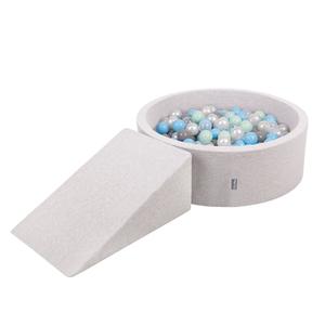 KiddyMoon Игровая площадка из пены ППЗП-ОК30Д-112 с шариками светло-серый: жемчужно-серый-прозрачный-голубо-мятный бассейн 200/танкетка Л