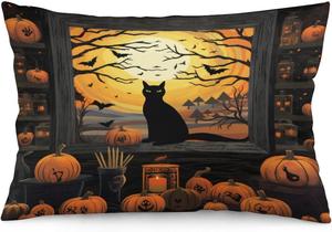 MaSiledy Декоративная наволочка "Осенняя акварель" с принтом тыква и черный кот в стиле фермерского дома Pattern-7