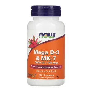 Витамин Mega D-3 и MK-7 NOW Foods, 5000 IU / 180 mcg, 120 капсул