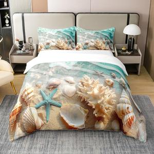 Erosebridal Органический хлопковый комплект постельного белья Blue Ocean в стиле фермерского дома с принтом морских ракушек, Steelblue