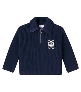 Свитер из хлопка с полумолнией Панда Mini Rodini, синий