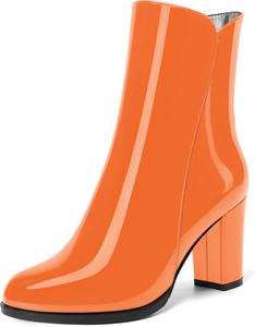 Женские офисные ботильоны NUMALEO с круглым носком, на молнии, лаковые, с высоким блочным каблуком 3,3 дюйма, Orange