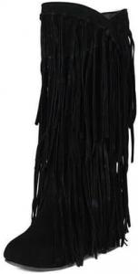 Женские замшевые сапоги на низком клиновидном каблуке до середины голени с бахромой, большие размеры WAOLSU, Black