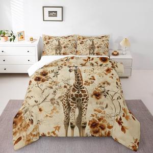 Erosebridal Комплект постельного белья Giraffe Toddler с винтажным цветочным принтом и дикими животными, дышащий материал, Beige Brown