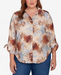 Классический топ больших размеров с текстурированной поверхностью и пуговицами спереди Alfred Dunner, Tan Neutral