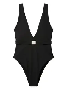 Купальник с V-образным вырезом и поясом Tory Burch, черный