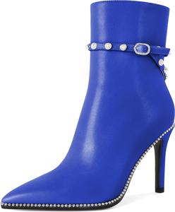 Женские ботильоны SAMMITOP, короткие сапожки с заостренным носком, стойка-кубита на высоком каблуке, модные туфли с бусинами, жемчужной пряжкой, для платья, каблук 4 дюйма