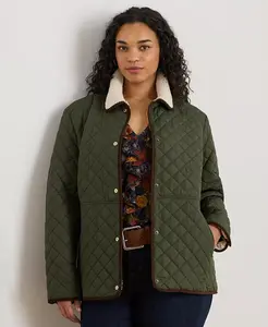 Стеганое пальто больших размеров с воротником из искусственной шерпы Lauren Ralph Lauren, зеленый