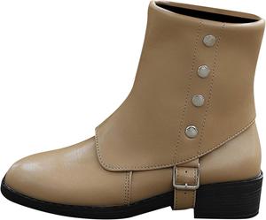 Женские ботинки до середины икры с низким каблуком, противоскользящие, боевые, с ремнями и заклепками, мотоботинки с округлым носком, стиль вестерн Generic, Khaki