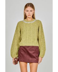 Женский свитер крупной вязки с вышивкой драгоценными камнями и косами endless rose, Chartreuse