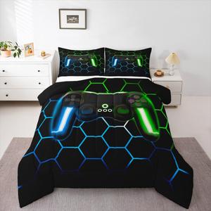 Erosebridal Игровой комплект постельного белья Gamer Comforter Sets с геометрическим гексагональным узором и неоновой подсветкой сине-зеленого цвета, Color 02