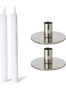 Novaliv Набор из 2 металлических подсвечников для конусных свечей, серебристые, 10x5 см, со светодиодной конусной свечой, из настоящего серебра