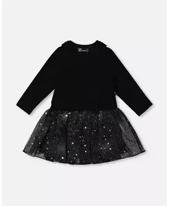 Платье для девочек из двух материалов с блестящей юбкой, черное Deux par Deux, черный