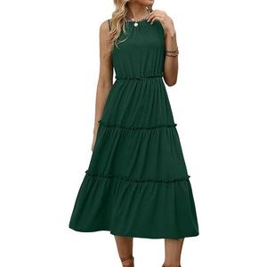 Женское летнее платье-макси с рукавами-крылышками, рюшами и ярусами в стиле бохо Clearflower, Dark Green
