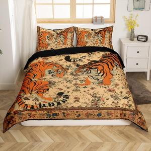 Erosebridal Богемский комплект постельного белья Boho Vintage с тигровым принтом и цветочным узором в коричнево-желтой гамме, Brown Yellow