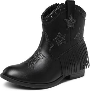 DREAM PAIRS Девочки Ковбой Ковбой на щиколотке и западные ботинки с боковой молнией Туфли для верховой езды с кисточкой Маленький ребенок/Большой ребенок, Black