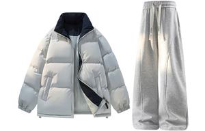 Повседневная спортивная одежда унисекс с воротником стойкой утепленная X1617, синий серый top+белый heather серый pants