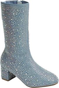 Сапоги ABSOLEX для девочек с круглым носком, стразами, до колена, на низком широком каблуке, Blue Denim