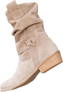 Женские сапоги до середины икры Элегантные замшевые слипоны Короткие ботильоны с пряжкой Осень-Зима 2025 Удобные ковбойские ковбойские сапоги с заостренным носком Generic, Beige