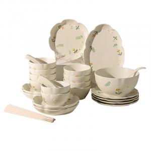 Набор посуды Kawasimaya, бежевый, суповая миска, рыбная тарелка, 32 предмета, 10 персон, палочки для еды