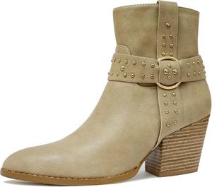 SICARE Женские ботильоны на толстом каблуке с высокой стопой, заостренным носком, в стиле Челси, с боковой молнией, серебристыми заклепками и ремешком на каблуке, ботинки до середины голени, осенние туфли