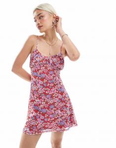 Платье-мини из сетчатой ​​ткани ASOS DESIGN с розовым цветочным принтом и сборкой на бюсте
