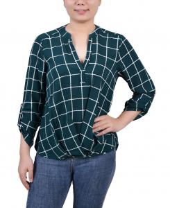 Блузка petite size 3/4 с пуговицами и воротником-стойкой со складками спереди NY Collection, мульти