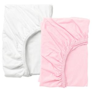 Комплект простыней на резинке для детской кроватки Ikea Len, 2 штуки, 70x140 см, белый/розовый
