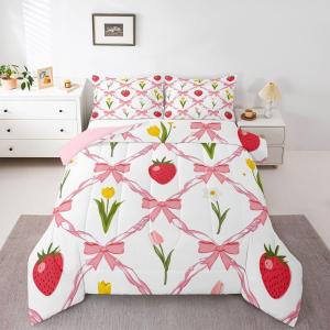 Erosebridal Комплект постельного белья Pink Bow Strawberry для девочек с цветочным принтом и бантами в клетку, White Red Pink
