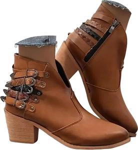 Женские панк-ботильоны ZSpzx из кожи, с разрезом V, массивным каблуком, разноцветным ремешком с пряжкой, заклепками, боковой молнией, круглым носком, в винтажном западном стиле, модные повседневные, водонепроницаемые, противоскользящие, для косплея, Brown