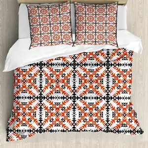 Пододеяльник ABAKUHAUS в этническом стиле, ацтекский, с защитой от клещей, подходит для аллергиков, с наволочками, 200 см x 200 см - 80 x 80 см, оранжевый, черный, белый Abakuhaus