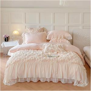 KYTGFH Комплект постельного белья шифоновый кружевной из египетского хлопка с цветами и пайетками розовый Pink