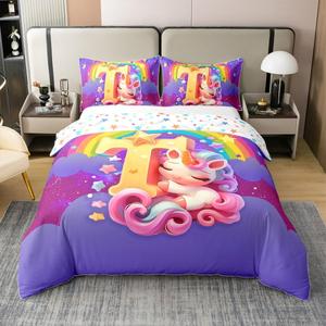 Erosebridal Хлопковый комплект постельного белья с монограммой T, милый дизайн с радужными единорогами, звездами и галактикой, реверсивный фиолетовый, Purple T