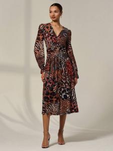 Платье миди с абстрактным анималистичным принтом и сетчатыми вставками Jolie Moi, Multi