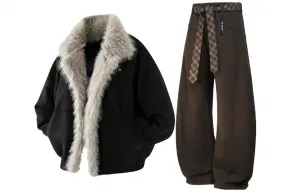 Повседневный спортивный костюм Unisex с лацканами, утолщенный и с флисовой подкладкой X1617, top черный puffer jacket+темно-коричневый pants